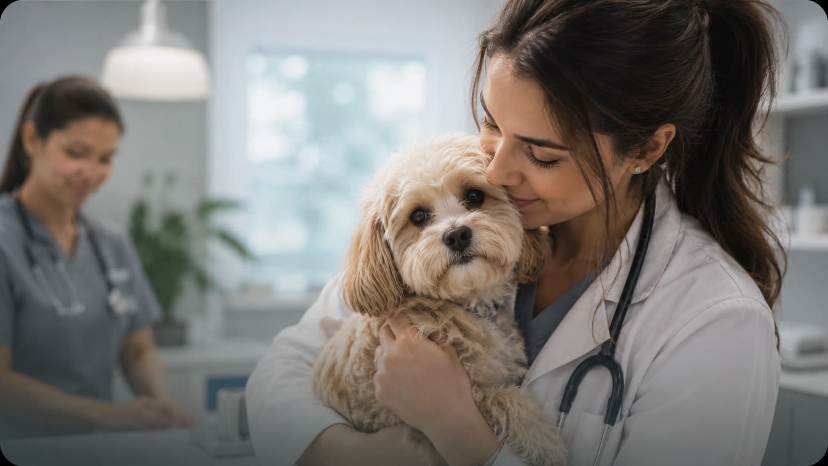Una veterinaria abrazando con cariño a un perro pequeño en la clínica