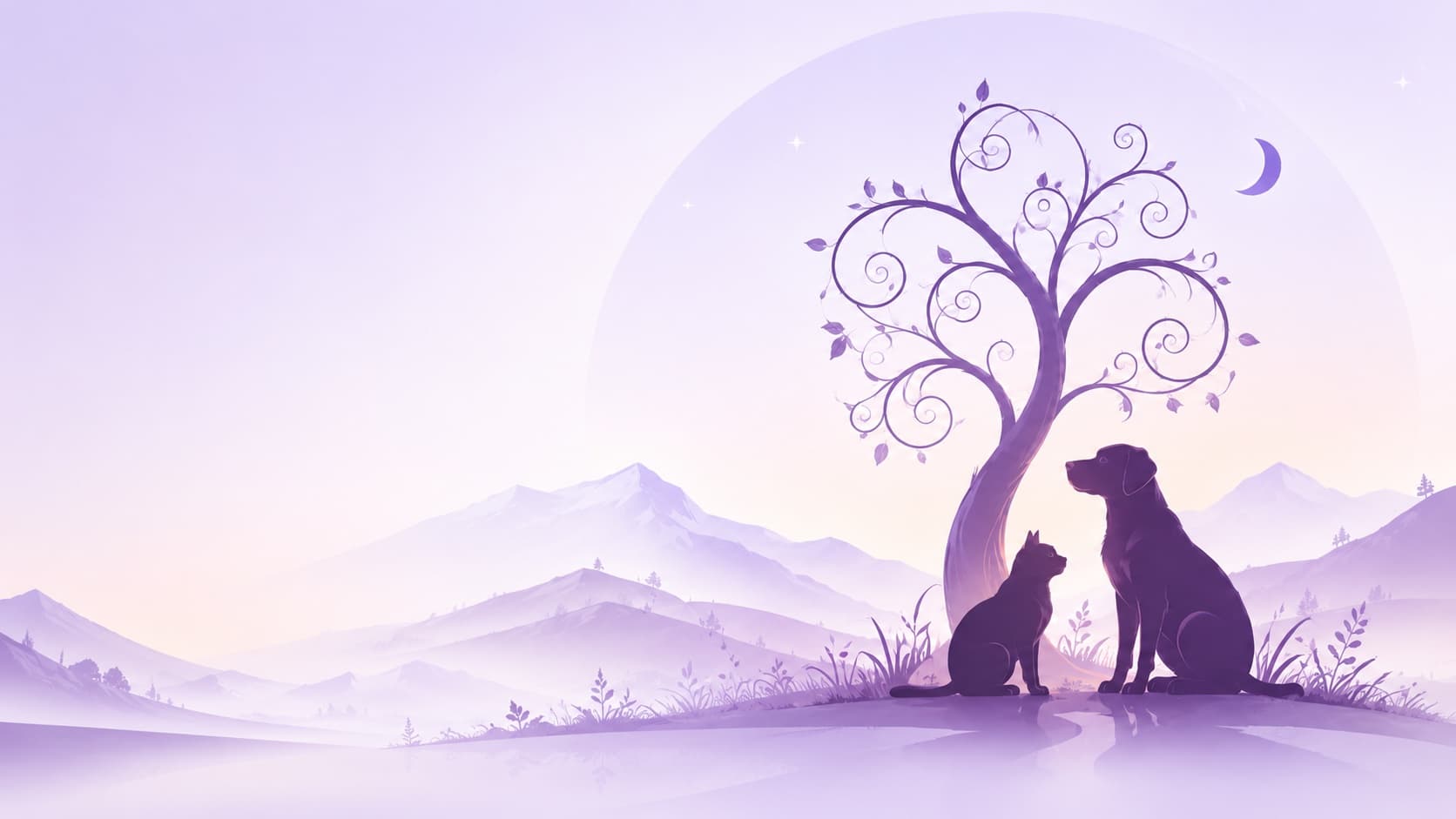 Ilustración de un perro y un gato bajo el árbol de Nehuen, con montañas y la luna de fondo